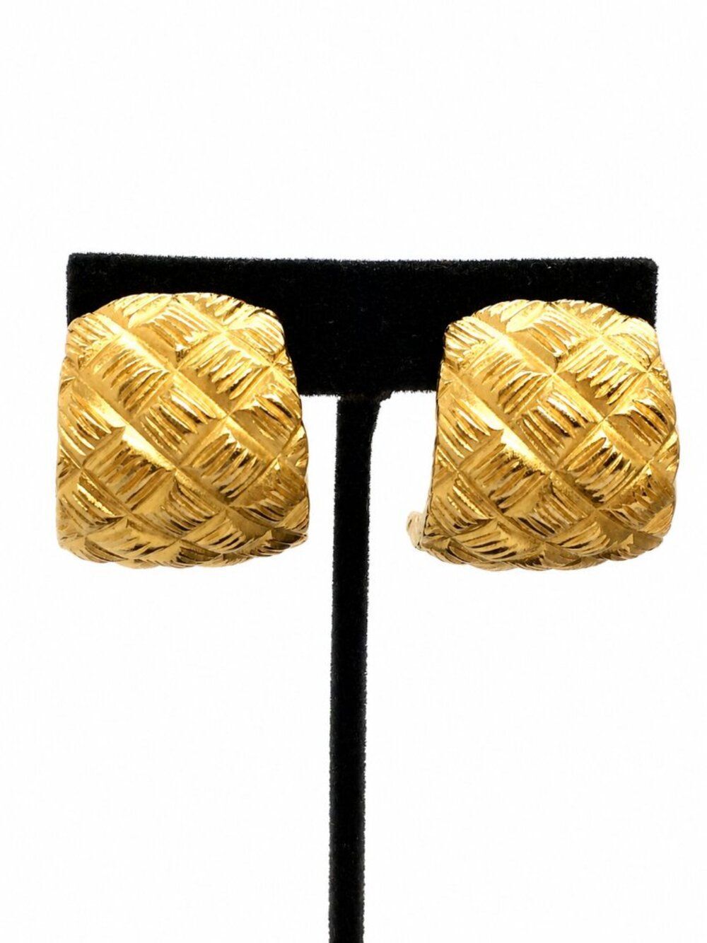 Vintage Gold Tone Earrings Quilted Quilt Dome Clip On Statement Runway Large